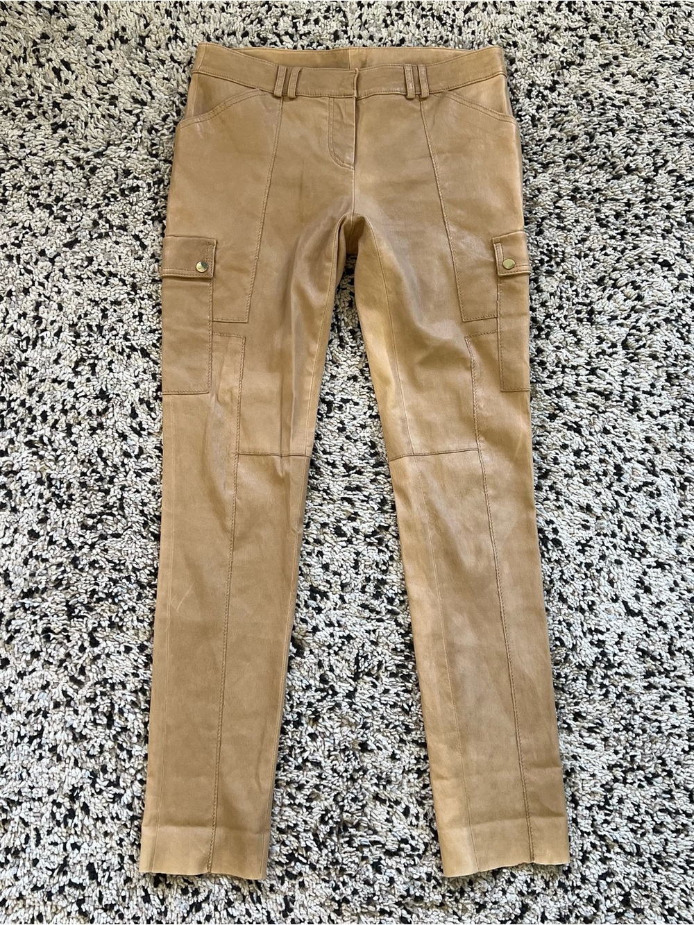 Tory Burch Leather Pants Distressed Tan Cargo Pockets Women’s Size 10 - Picture 2 of 16